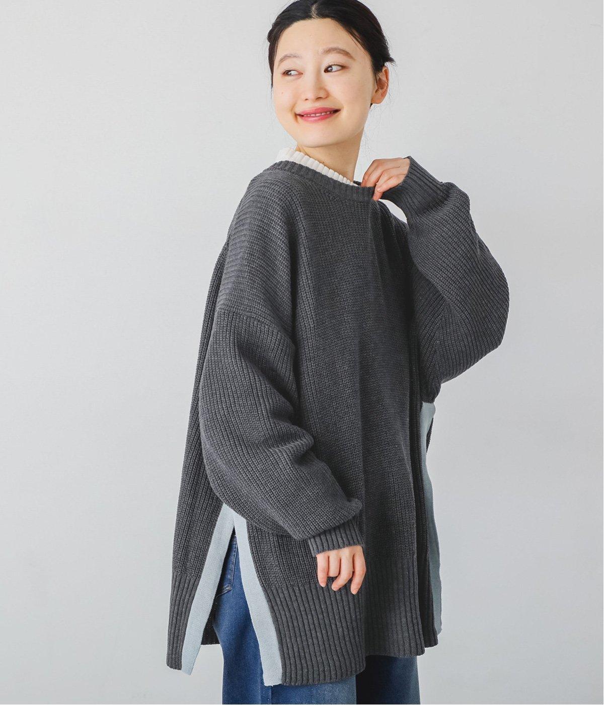 畦編みニット配色スリットプルオーバー(チャコール-F)