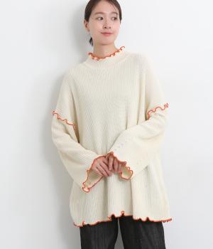 畦編みニット配色メロウ片畦ルーズプルオーバー(アイボリー-F)