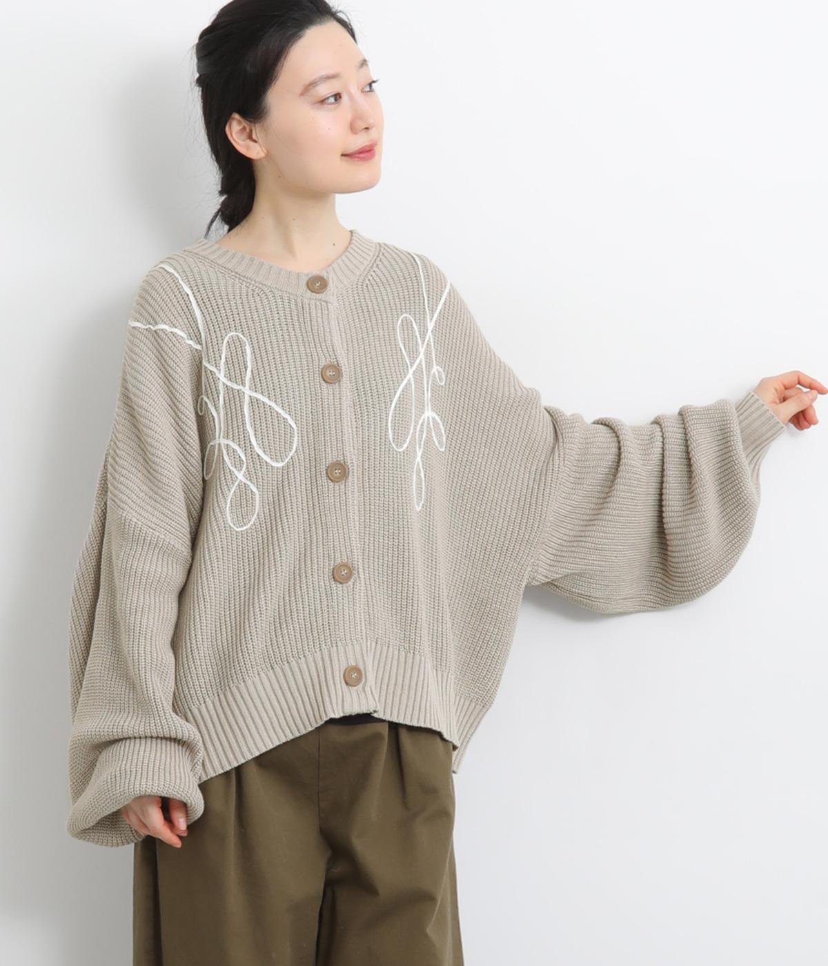 畦編みニットコード刺繍畦編みルーズカーディガン(グレージュ-F)