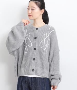 畦編みニットコード刺繍畦編みルーズカーディガン(杢グレー-F)