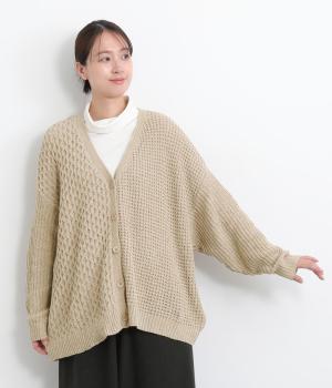 モールニット柄編み切り替えブークレカーディガン(ライトベージュ-F)