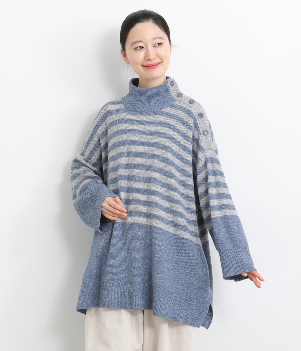 ヤクライクニット配色ボーダープルオーバー(ブルー-F)