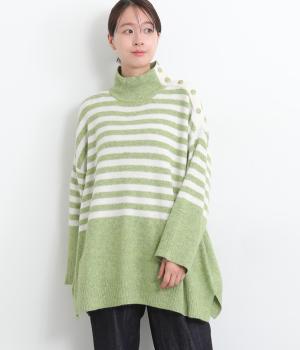 ヤクライクニット配色ボーダープルオーバー(ライトグリーン-F)