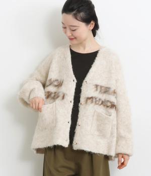 ファーニットふわふわロゴ入りカーディガン(ベージュ-F)