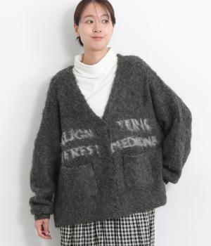 ファーニットふわふわロゴ入りカーディガン(チャコール-F)