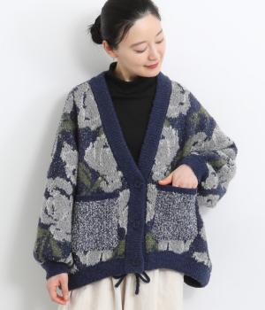 ブークレジャカードコクーンカーディガン(ネイビーフラワー-F)