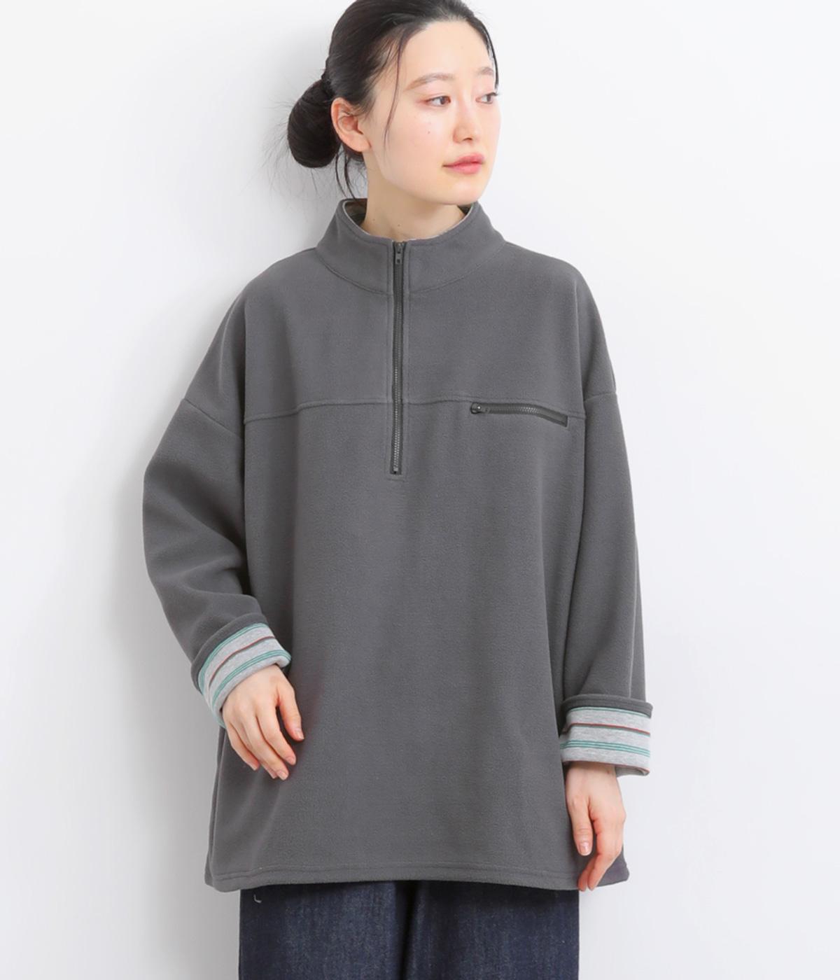 フリース×ボーダー天竺ハーフジッププルオーバー(グレー-F)