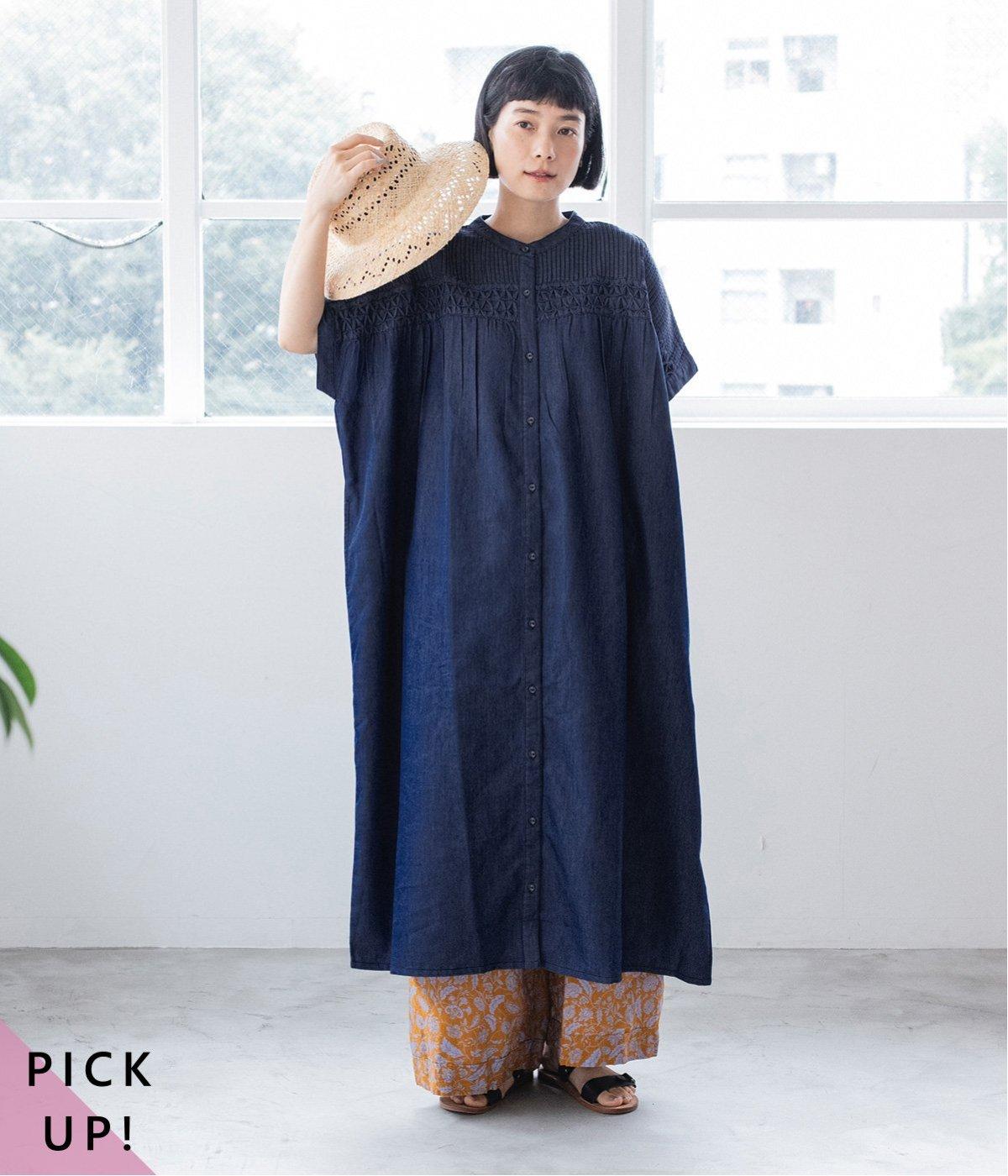 別注｜デニムスモッキングピンタックワンピース(ネイビーデニム-ONESIZE)
