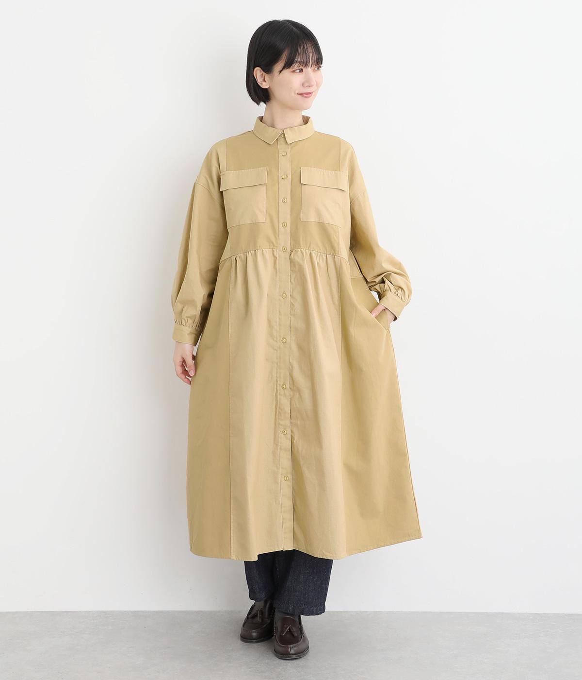 リップストップ×ヘリンボーン×ツイルブロッキングシャツワンピース(ベージュ-F)