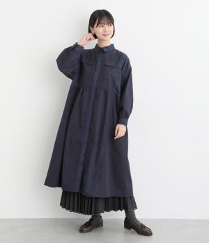 リップストップ×ヘリンボーン×ツイルブロッキングシャツワンピース(ネイビー-F)
