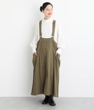 ヘリンボーンツイル製品染めバイオジャンパースカート(カーキ-F)