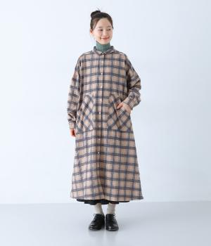 モールチェックシャツワンピース(ブルー-F)