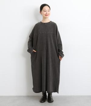 インディゴ裏毛配色ステッチワンピース(ブラックデニム-F)