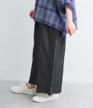 デニムサイドねじりピンタックワイドパンツ(ブラックデニム-F)