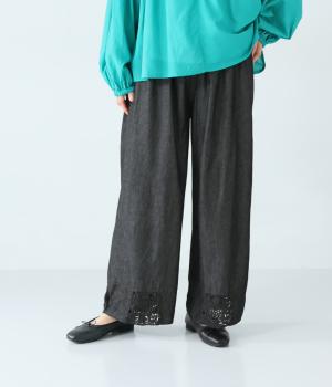 デニム×クロシェ　パンツ(ブラックデニム-F)