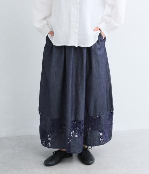 デニム×クロシェ　パッチワークスカート(ネイビーデニム-F)
