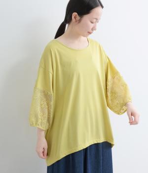 3Dメッシュレース袖切替プルオーバー(イエロー-F)