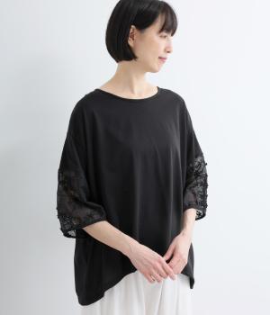 3Dメッシュレース袖切替プルオーバー(ブラック-F)