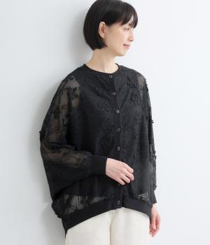 3Dメッシュレース　ドルマンスリーブカーディガン(ブラック-F)