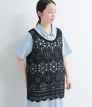 機械編みニット2wayジレ(ブラック-F)