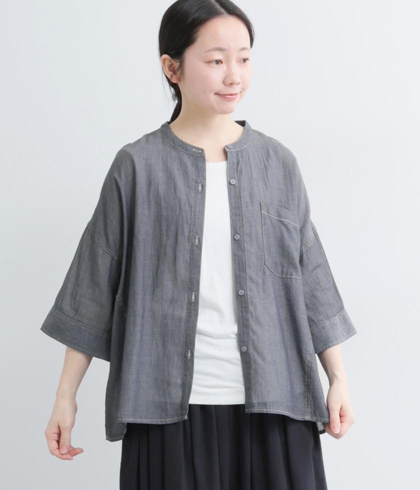2.2OZデニムステッチ配色　ワイドスリーブブラウス