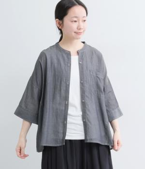 2.2OZデニムステッチ配色　ワイドスリーブブラウス(ブルー-F)