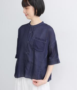 2.2OZデニムステッチ配色　ワイドスリーブブラウス(インディゴ-F)