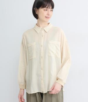 2.2OZデニムステッチ配色　リブ袖ワイドシャツ(ライトベージュ-F)