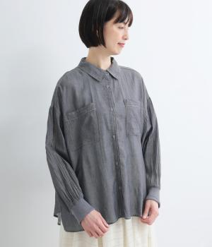 2.2OZデニムステッチ配色　リブ袖ワイドシャツ(ブルー-F)