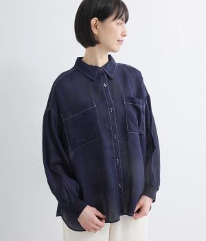 2.2OZデニムステッチ配色　リブ袖ワイドシャツ(インディゴ-F)