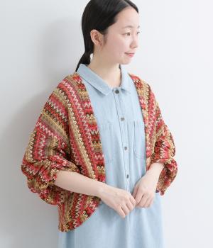 シェブロン柄ニットソー　ショートボレロ(ピンク-F)