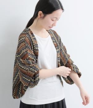 シェブロン柄ニットソー　ショートボレロ(ブルー-F)
