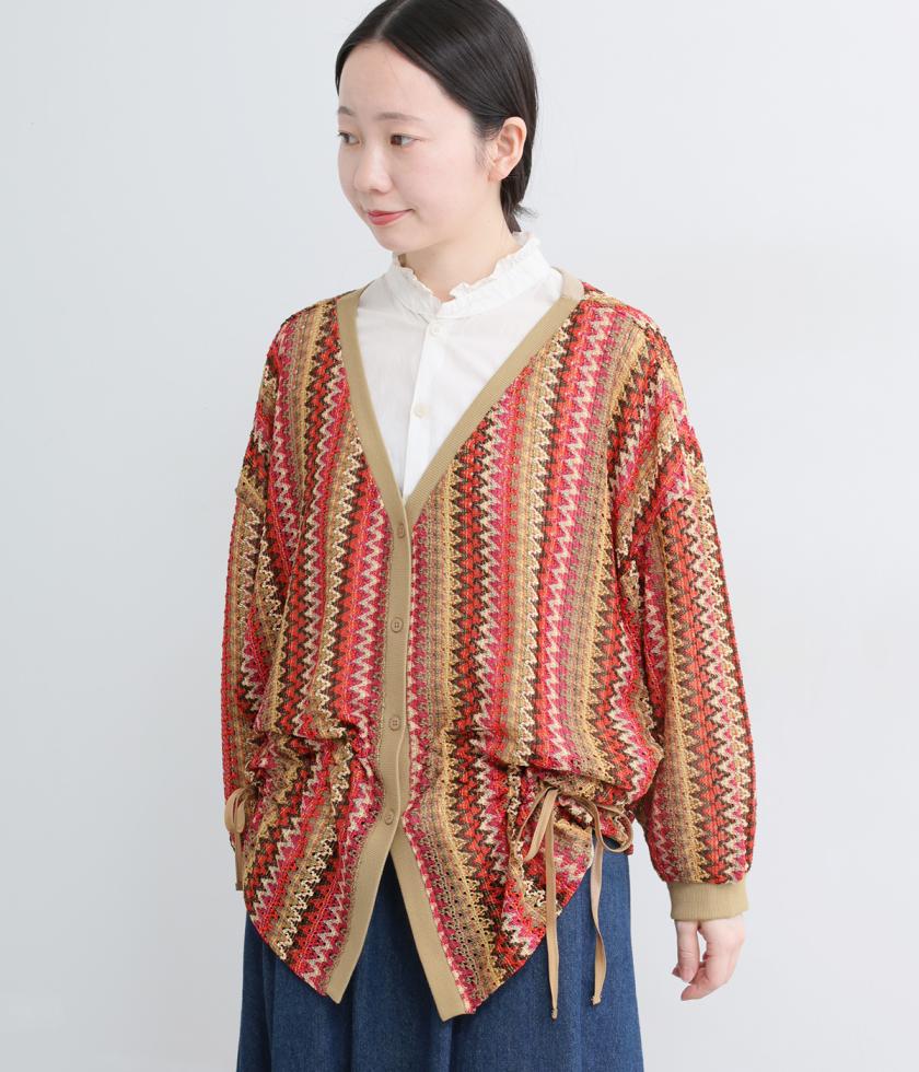 シェブロン柄ニットソー　ギャザードロストカーディガン