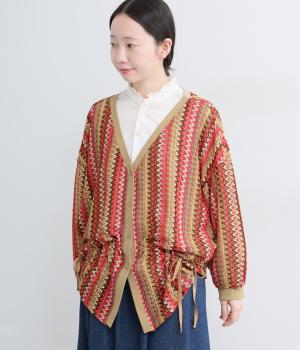 シェブロン柄ニットソー　ギャザードロストカーディガン