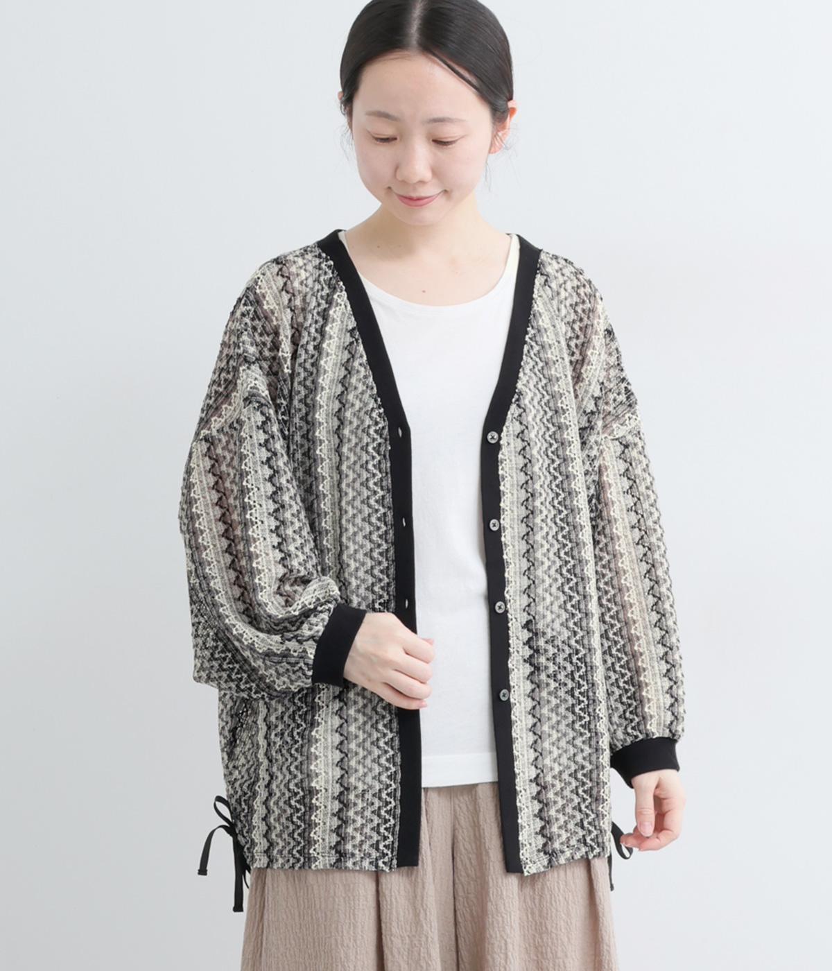 シェブロン柄ニットソー　ギャザードロストカーディガン(ブラック-F)