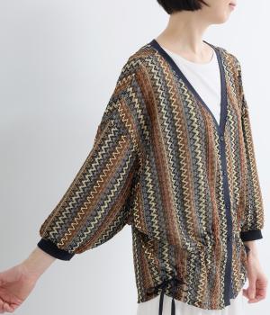 シェブロン柄ニットソー　ギャザードロストカーディガン(ブルー-F)