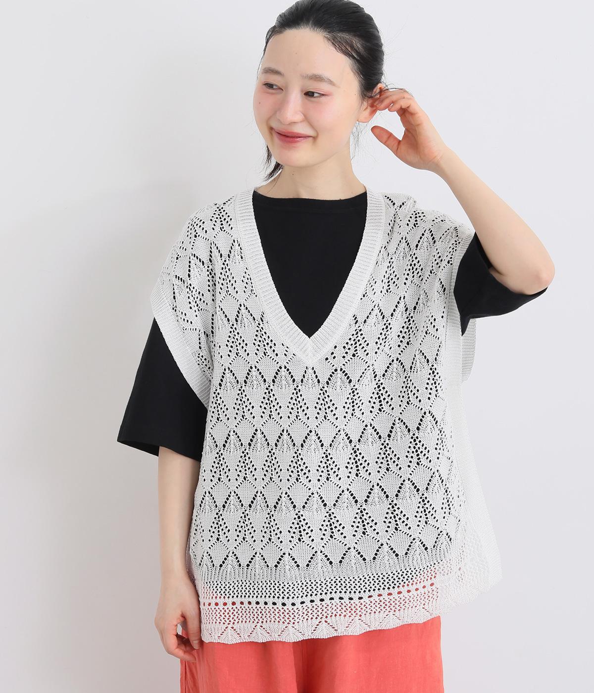 シアー透かし編み　Vネックニットベスト(オフホワイト-F)