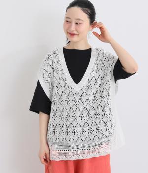 シアー透かし編み　Vネックニットベスト(オフホワイト-F)