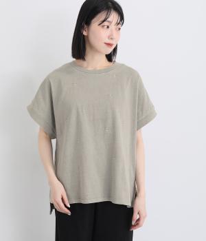 １６Sピグメント天竺　小花プリントフレンチスリーブT(グレージュ-F)