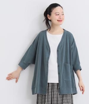 １６Sピグメント天竺　リブ切替カーディガン(ブルーグリーン-F)