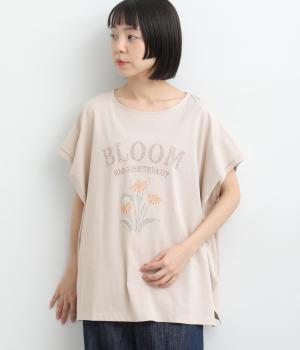 花刺繍ワイドフレンチスリーブＴシャツ(グレージュ-F)