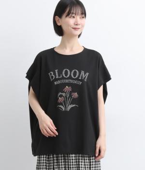 花刺繍ワイドフレンチスリーブＴシャツ(ブラック-F)
