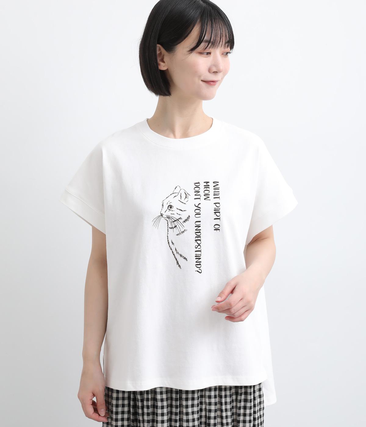 線画ネコＴシャツ(オフホワイト-F)