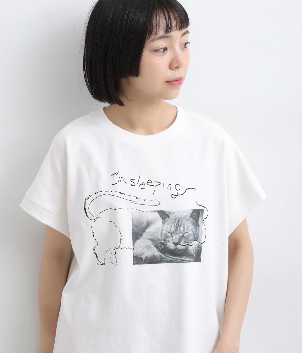 ネコ＋落書きプリントＴシャツ(オフホワイト-F)