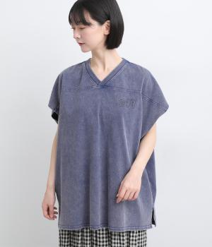 ケミカル加工　Vネック胸プリントＴシャツ(ブルー-F)