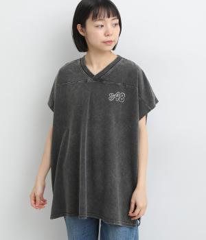 ケミカル加工　Vネック胸プリントＴシャツ(チャコール-F)