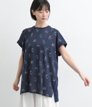 総刺繍×TC天竺チュニック(ネイビー(ねこ)-F)