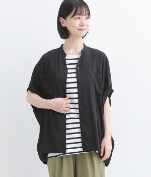 レーヨンナイロンスラブ　キーネックドルマンシャツ(ブラック-F)