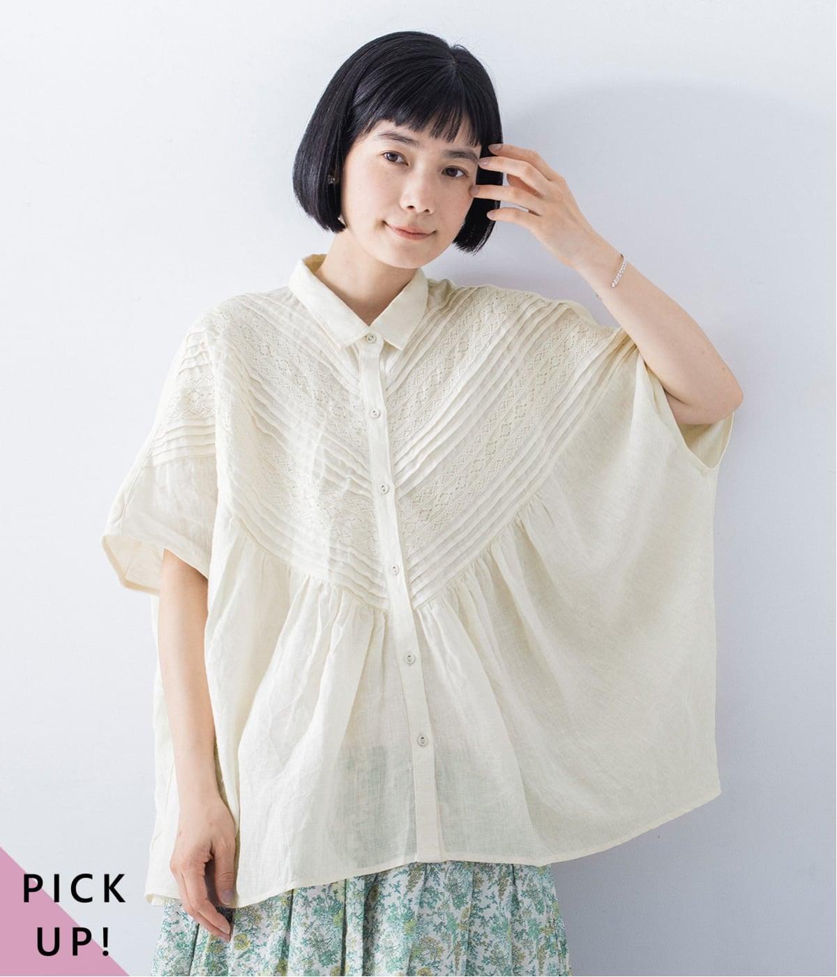 リネンピンタックレースブラウス(ナチュラル-F)