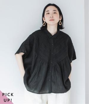 リネンピンタックレースブラウス(ブラック-F)